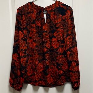 🌹 Maurices Sz Small Red Black Floral Long Sleeve Key Hole Neck Blouse Grunge Y2K